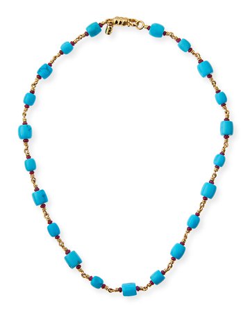Paul Morelli 16.5" Turquoise Barrel Bead & Ruby Necklace