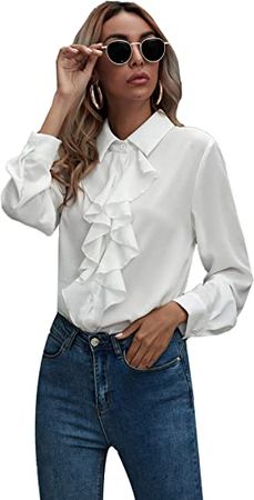 SheIn Women's Long Sleeve Button Down Lotus Ruffled Work Shirt Chiffon Blouse Tops at Amazon Women’s Clothing store