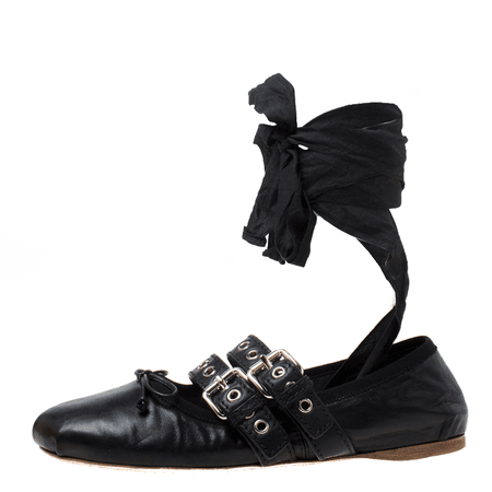Miu Miu Black Leather Double Buckle Tie Up Ballet Flats