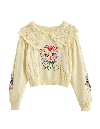 Unlogical Poem Vintage Cutout Knit Cat Embroidered Sweater - Google Chrome