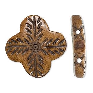 Spacer, bone (dyed), brown, 24x24mm hand-carved 2-strand flower, Mohs hardness 2-1/2. Sold per pkg of 6. - Fire Mountain Gems and Beads