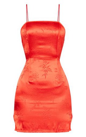 Red Satin Oriental Bodycon Dress | Dresses | PrettyLittleThing