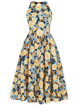 1950S Hepburn Style Outfits Blue And Yellow Floral Print Back Hollow H – Jolly Vintage