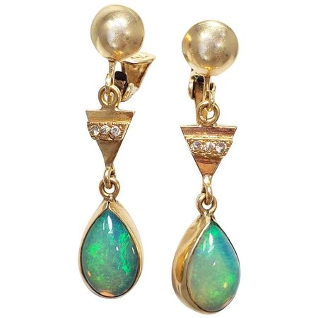 Vintage Opal and Diamond Dangling Teardrop Clip-On Earrings in 14 Karat Gold For Sale at 1stDibs