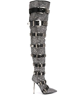 Philipp Plein Crystal-Embellished Knee-High Boots S20SWSD0258PLE009N Black | Farfetch