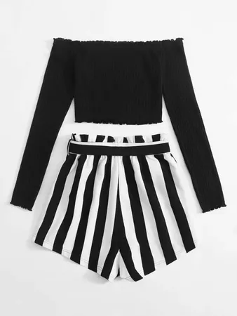Lettuce Edge Bardot Tee and Paperbag Waist Shorts Set | SHEIN USA black white
