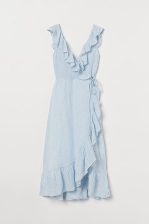 Flounce-trimmed Cotton Dress - Light blue/white striped - Ladies | H&M US
