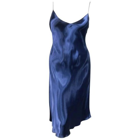 RALPH LAUREN COLLECTION Size M Blue Silk Satin Spaghetti Strap Slip Dress For Sale