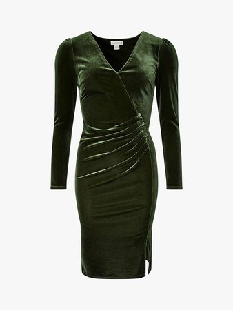 Monsoon Elle Velvet Button Detail Shift Dress, Green at John Lewis & Partners