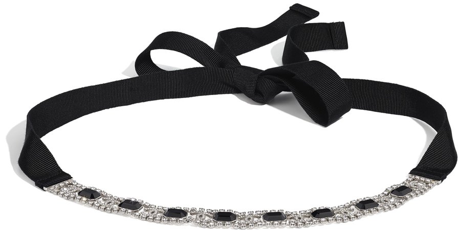 Belt, metal, strass & fabric, silver, crystal & black - CHANEL