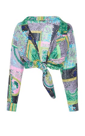 Cropped Patchwork-Print Silk Twill Tie-Front Shirt by Versace | Moda Operandi