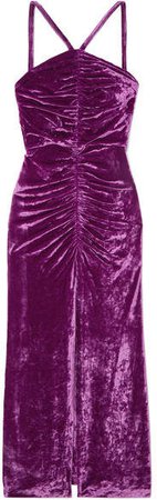 Bow-detailed Ruched Stretch-velvet Maxi Dress - Purple