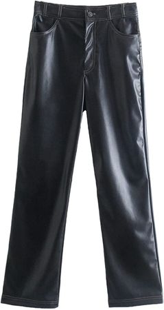 Women Side Pockets Faux Leather Straight Pants Vintage High Waist Zipper Fly Trousers at Amazon Women’s Clothing store
