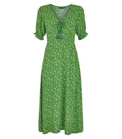 Green Ditsy Floral Lace Up Midi Dress | New Look