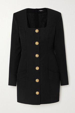 Button-embellished Grain De Poudre Wool Mini Dress - Black