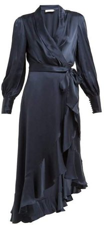 Asymmetric Hem Silk Satin Wrap Dress - Womens - Navy