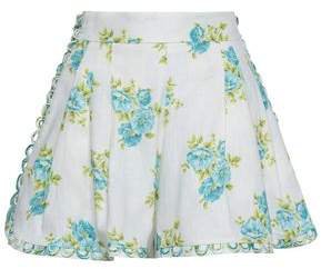 Button-embellished Floral-print Linen Shorts