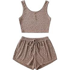 SheIn Women's 2 Piece Sleeveless Button Crop Tank Tops and Shorts Lounge Set Mocha Brown Large at Amazon Women’s Clothing store