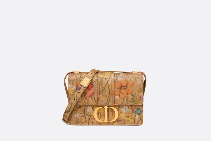 Dior, 30 MONTAIGNE BAG Cuoio-Colored Embossed Calfskin with Multicolor Hand-Painted Mille Fleurs Motif