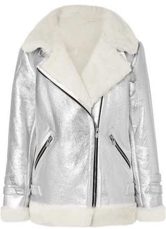 The Mighty Company - The Hayle Shearling-trimmed Metallic Leather Biker Jacket - Silver