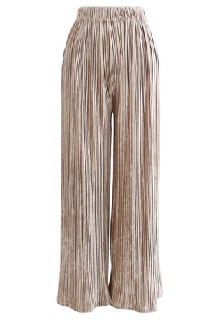 Pleated Velvet Wide Leg Pants in Tan - Retro, Indie and Unique Fashion