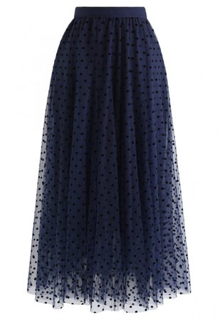 Full Polka Dots Double-Layered Mesh Tulle Skirt in Navy - NEW ARRIVALS - Retro, Indie and Unique Fashion