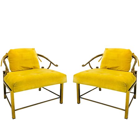 Pair of Brass Ming Lounge Chairs With Yellow Velvet | Chairish