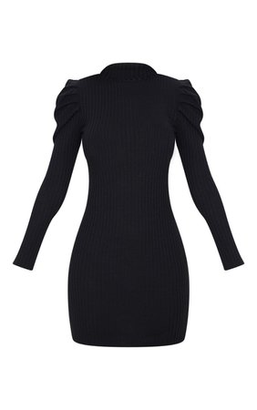 Black   Puff Shoulder Funnel Neck Rib Knitted Dress | PrettyLittleThing USA