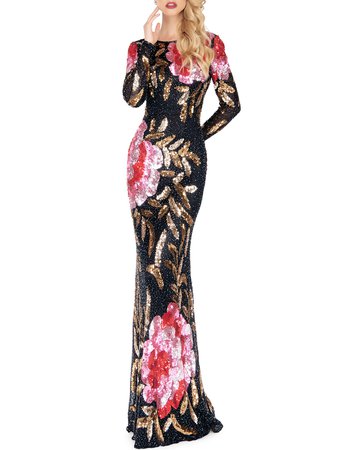 Mac Duggal Floral Sequin Long-Sleeve Column Gown | Neiman Marcus