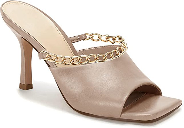 Amazon.com | Womens Kitten Heels Sandals Mules Chain Square Toe High Heeled Slip on Summer Dress Shoes (10 B(M) US, nude, numeric_10) | Heeled Sandals