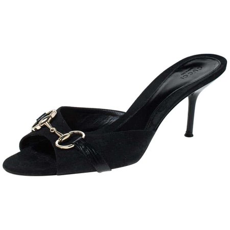 Gucci Black GG Canvas Horsebit Open Toe Sandals Size 40 For Sale at 1stdibs