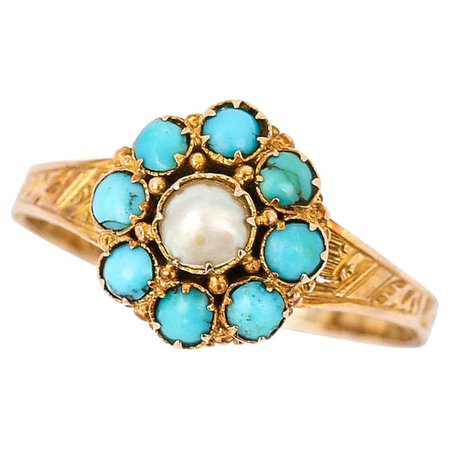 Victorian 15ct Yellow Gold Turquoise and Pearl Cluster, Circa 1890 For Sale at 1stDibs