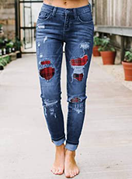 Amazon.com: GOSOPIN Women Mid Rise Distressed Skinny Jeans Ripped Red Check Denim Pants Medium Blue : Clothing, Shoes & Jewelry