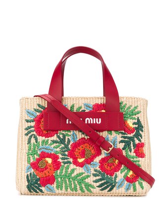 Red Miu Miu floral-embroidered straw tote bag 5BA176VORI2C9H - Farfetch