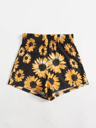 Sunflower Print Shorts | SHEIN USA black