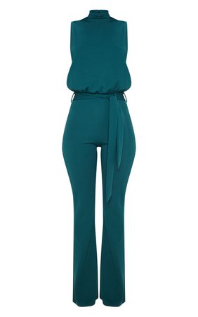 Emerald Green Scuba Tie Waist Jumpsuit | PrettyLittleThing USA