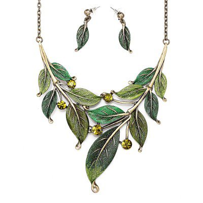 Leaf Jewelry Sets Rhinestone Leaf Necklace Earrings Gold