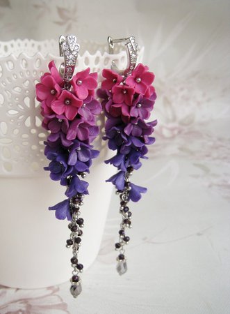 Weddings cluster earrings Long floral earrings with pink | Etsy