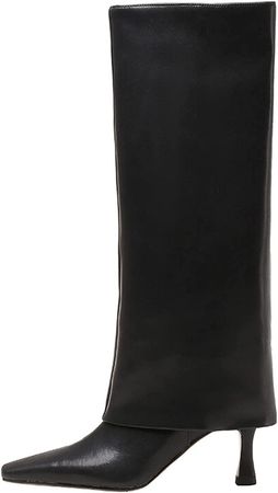 Amazon.com | Goolita Women's Stiletto Heel Knee High Boots Square Toe Slip On Fold Over Boots For Women Leather Sewing Comfortable Dress Boots… | Over-the-Knee