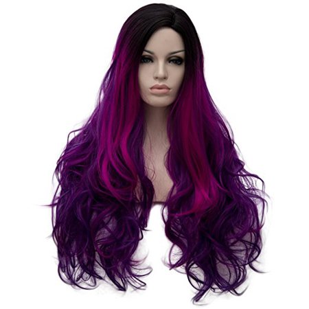 Alacos Synthetic 75CM Long Curly Rainbow Color Ombre Halloween Costumes Cosplay Harajuku Wigs for Women Lady Girl +Free Wig Cap (Purple Ombre #2)