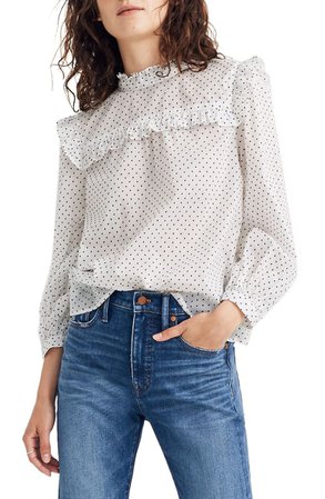 Madewell Mock Neck Ruffle Top in Flocked Dots | Nordstrom