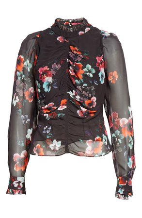 NICHOLAS Floral Ruched Sheer Sleeve Silk Georgette Blouse | Nordstrom