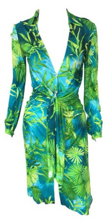 Gianni Versace Runway S/S 2000 Tropical Print Plunging Neckline Dress