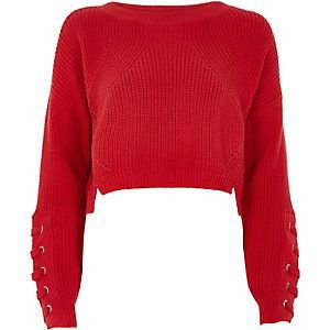 Red lace-up eyelet cropped jumper