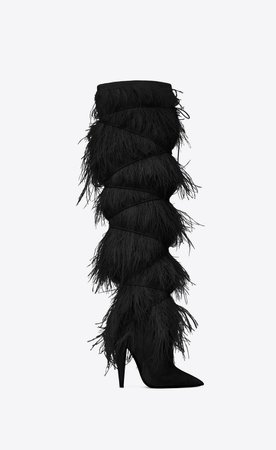 Saint Laurent YETI 110 Boots With Ostrich Feathers In Black Velvet | YSL.com