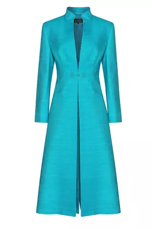 Midi Length Dress Coat in Turquoise Silk Tussar - Vanessa | Lalage Beaumont