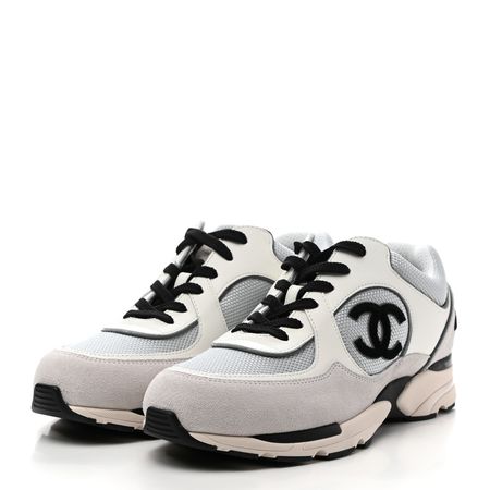 CHANEL Mesh Suede Calfskin Womens CC Sneakers 40.5 White Silver Light Grey 1028375 | FASHIONPHILE