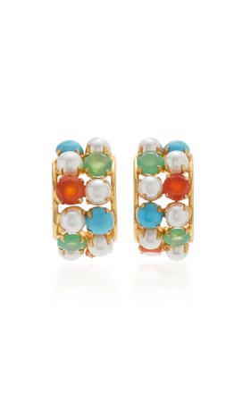 Hoop Earring Set with Multi-Stones of Turquoise #6, Carnelian #6, White Pearls #5 and Chrysoprase #6 by Bounkit | Moda Operandi