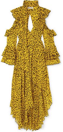 Ruffled Leopard-print Silk-georgette Wrap Maxi Dress - Yellow