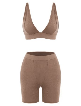 Brown Ribbed High Waisted Sport Shorts Set